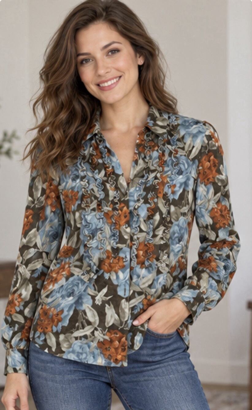 Jones New York Country Women’s 14 Floral Ruffle Button Front Blouse Wool Blend
